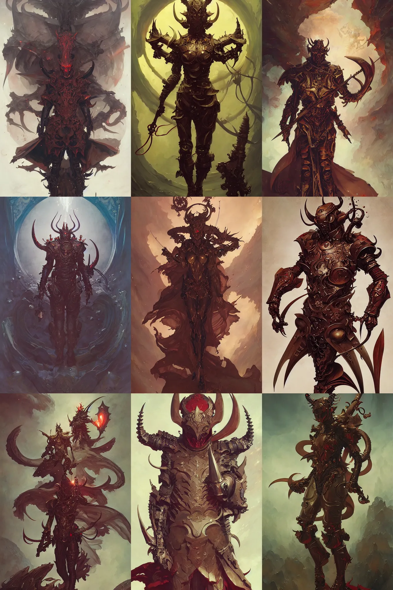 Prompt: devil full body armor, fantasy, art by joseph leyendecker, peter mohrbacher, ruan jia, marc simonetti, ayami kojima, cedric peyravernay, victo ngai