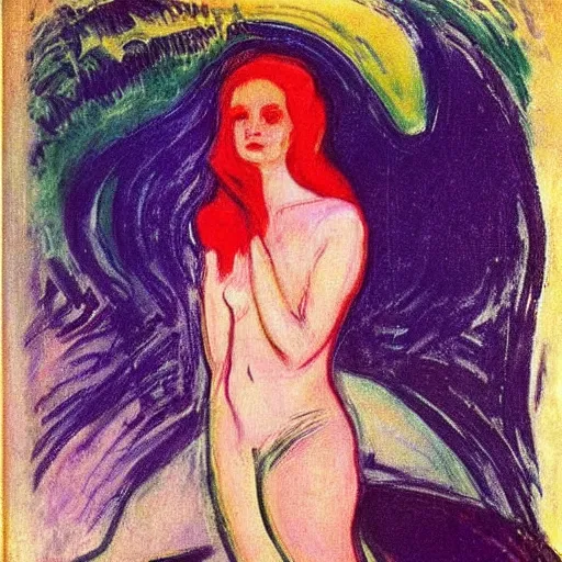 Image similar to queen of the dreamlands, beautiful! coherent! by edvard munch, by frank frazetta, deep colors, strong lines, high contrast