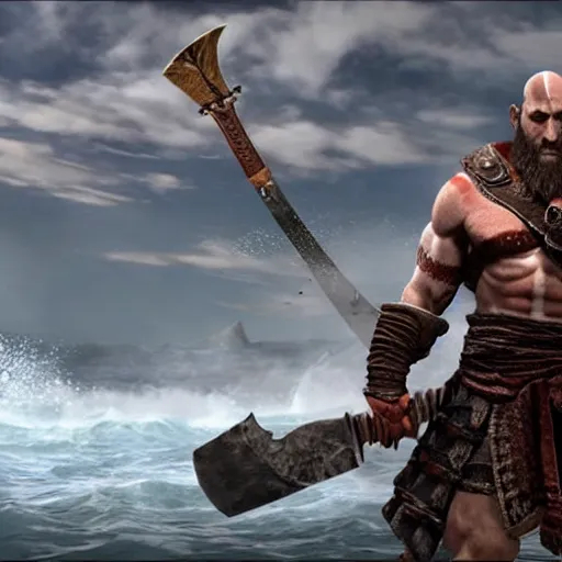 Image similar to screenshot of the game God of War with Kratos jumping waves on a jetski, while wielding an axe | Sony Pictures official media