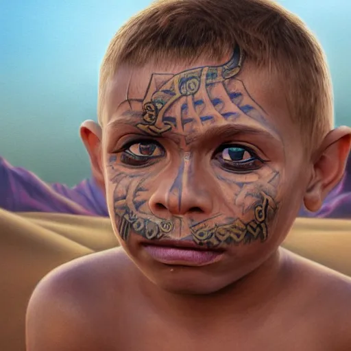 Image similar to a detailed portrait of a tan boy with a small face tattoo in the desert, fantasy art illustration, incredibly highly detailed and realistic, 8 k, sharp focus