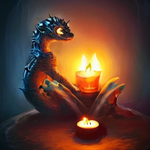 Prompt: tiny dragon that lights a candle with its fire breath, the candle is on a wooden table, on a candle holder, the dragon is placed on the table too, fantasy painting, artstation, Fantasy core, award winning, stunning art