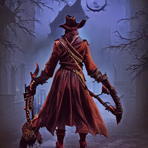 Prompt: an ultradetailed animation of the hunter from bloodborne dressed as darkwing duck, let's get dangerous, in the style animation of darkwing duck, digital art, dark fantasy, concept art, soulslike, by alphonse mucha, blood moon eclipse, wherewolves in a ruined building in the background, artstation, 8 k, unreal engine render