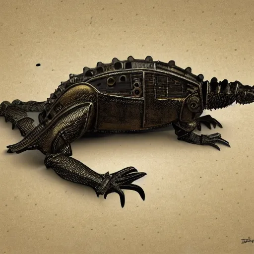 Prompt: a steampunk robotic alligator, dark background, super - detailed, photo - realistic,