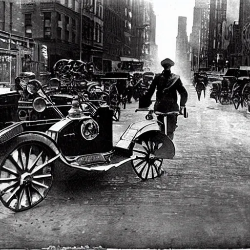 Prompt: old black and white photo, 1 9 1 3, depicting a ghost rider rampaging through the bustling streets of new york city, historical record