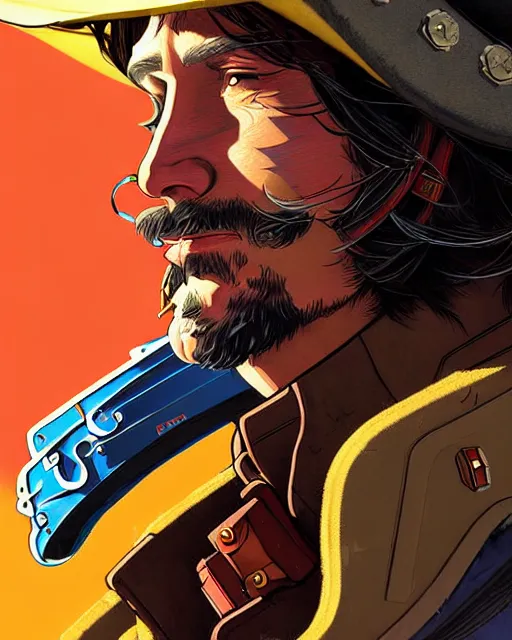 Prompt: mccree from overwatch, space cowboy, outter space, character portrait, portrait, close up, concept art, intricate details, highly detailed, vintage sci - fi poster, retro future, vintage sci - fi art, in the style of chris foss, rodger dean, moebius, michael whelan, and gustave dore