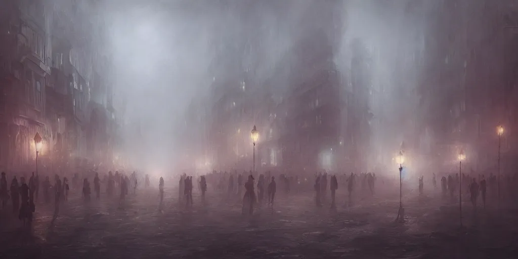 Prompt: a parade in a heavy swirling fog, soft lighting, night, stephen bliss, misty, unreal engine, digital art, 8 k, oil painting, fantasy art, illustration, detailed and intricate environment