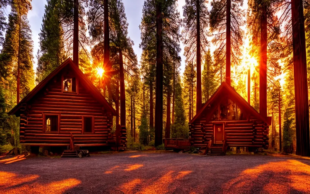 Image similar to enchanted magical quiet log cabin in the california redwoods forest at goldenhour sunset, 8 k photoengine realrender, cinematic scenery