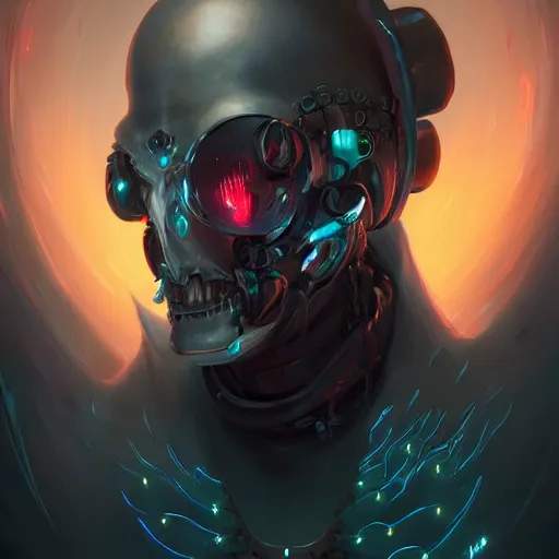 Image similar to portrait of a malevolent cybernetic necromancer, cyberpunk concept art by pete mohrbacher and artgerm and wlop and greg rutkowski and deathburger, digital art, highly detailed, intricate, sci-fi, sharp focus, Trending on Artstation HQ, deviantart, unreal engine 5, 4K UHD image