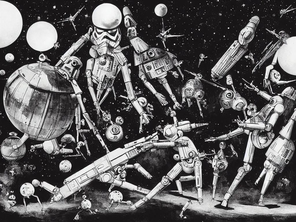 Image similar to a scene from star wars as directed by georges melies