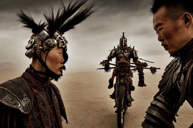 Image similar to vfx film closeup, futuristic mongolian biker warriors, sci - fi mongolian village, robot stand - off, flat color profile low - key lighting award winning photography arri alexa cinematography, hyper real photorealistic cinematic, atmospheric cool colorgrade