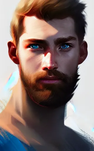 Image similar to a rugged young knight with blonde hair and blue eyes and a short beard and a scar under his left eye by Greg_Rutkowski, realistic, detailed, masterpiece, ArtStation