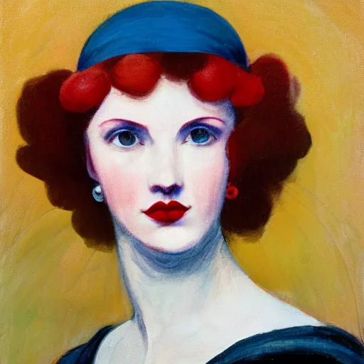 Image similar to Woman model appearance, flowers, Renaissance, red hair, coral lips, blue shadow, style Edward Hopper