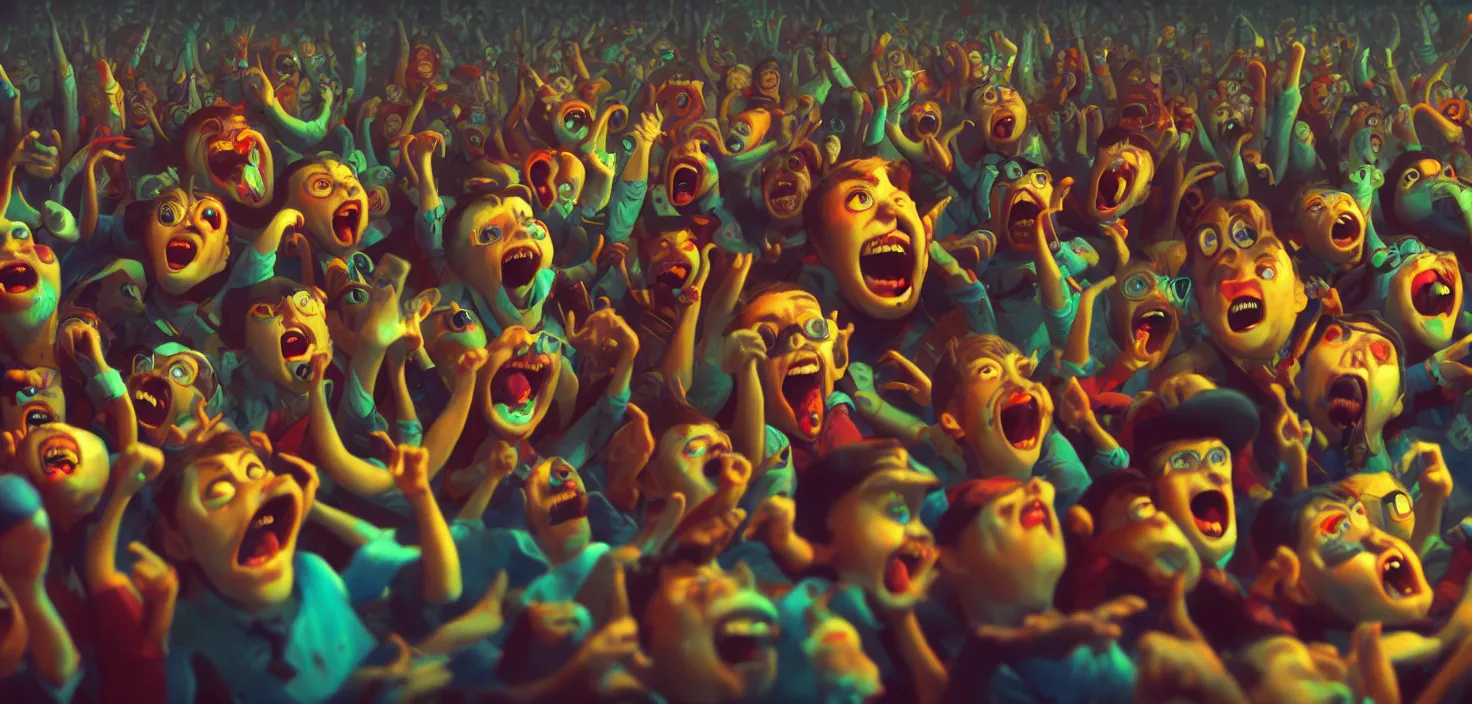 Prompt: screaming crowd people, in the style of craola, shallow depth of field, highly detailed, digital painting, trending artstation, concept art, illustration, cinematic lighting, vibrant colors, photorealism, epic, octane render