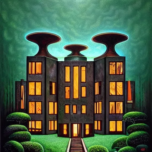 Prompt: a mansion with brutal architecture in the middle of an ancient futuristic druidic village in the woods, painting by jeffrey smith