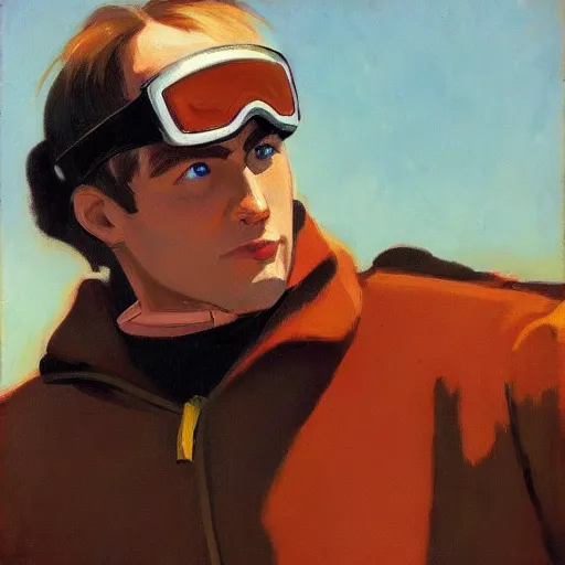 Image similar to a brown haired man wearing a ski suit, detailed, edward hopper, trending on artstation,