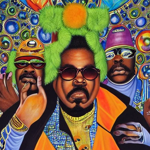 Image similar to beautiful lifelike painting of afrika bambaataa and the soulsonic force, hyperreal detailed facial features and uv lighting, art by ed roth and basil wolverton
