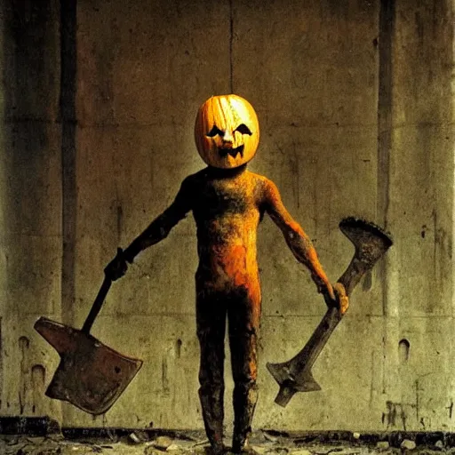 Image similar to pumpkin head man holding a sledgehammer stands inside an abandoned asylum, beksinski