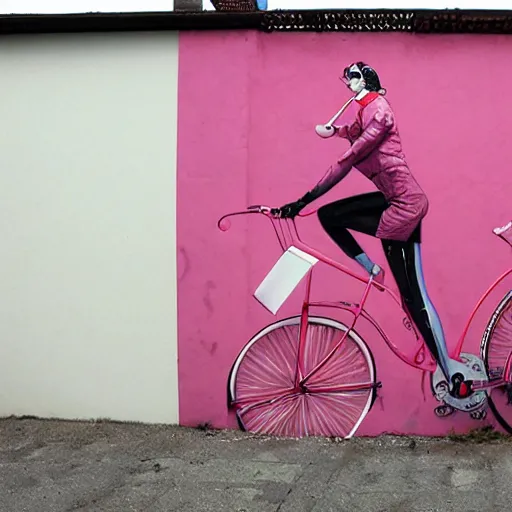 Prompt: a bicycle and a surfboard, pink and red, grafitti, street art by Etam cru
