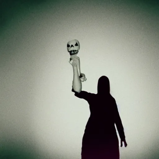 Image similar to A selfie of a woman in a dark room, with a spooky filter applied, with a figure in the background, in a Halloween style.