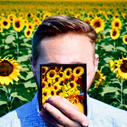 Image similar to A double exposure of a man holding an apple in a field of sunflowers