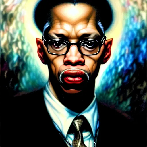 Image similar to uhd photorealistic portrait of albino malcom x, by amano, ayami kojima, greg rutkowski, lisa frank, mark brooks, and karol bak, masterpiece, cinematic composition, dramatic pose, studio lighting, correct face, hyperdetailed, intricate details