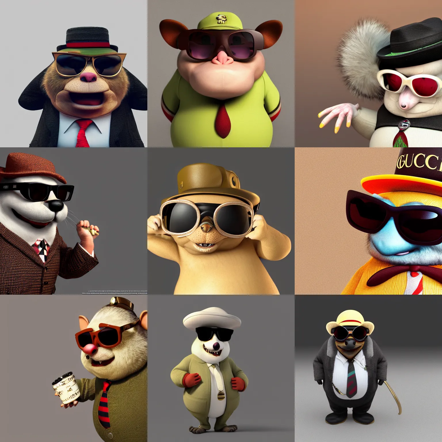 Prompt: fat anthropomorphic gangster rat wearing Gucci, wearing sunglasses and a hat, long fur, detailed, 3d render, 4k, pixar