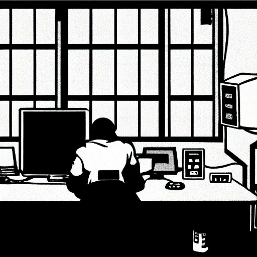 Prompt: cyberpunk mount athos priestly hacker monk meditating in his study surrounded by wires and crt terminals, anime scene interior wide-angle in the style of serial experiments lain, 2d cinematic