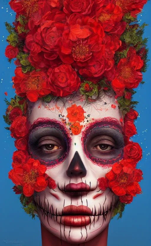 Prompt: a red oil painting hyperrealism of a beautiful woman, flowers, dia de los muertos makeup, floral headdress, 8 k resolution, octane render, trending on artstation, by gediminas pranckevicius, volumetric light 2 blue fractal thunder glow by dan mumford, anaglyph effect, laurie lipton