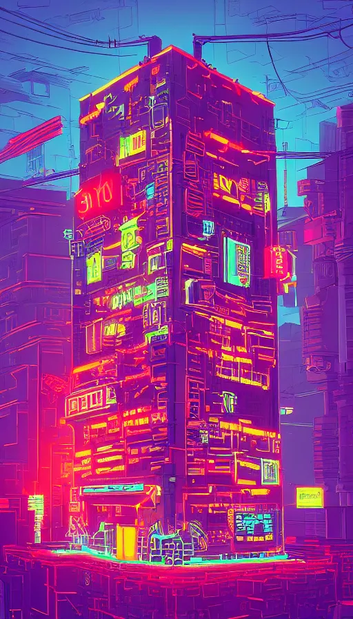 Image similar to a drawing of a building with a neon sign on top of it, cyberpunk art by james gilleard, behance contest winner, pixel art, voxel art, # pixelart, retrowave