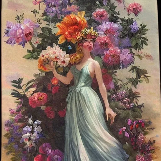 Prompt: A vintage painting with a fantasy world of various flowers and plants, in which there is a figure of a human, dressed in something magical and impressive, inside this clothes infinity is all in sunset light