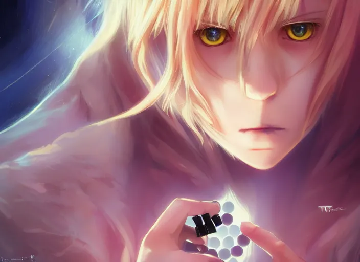 Image similar to profile shot of rimuru tempest playing chess, with amber eyes of golden colored eyes, straight hair, sky blue hair, long bangs, high collar, concept art, award winning photography, digital painting, cinematic, by wlop, anime key visual, wlop, 8 k, by ross tran, tom bagshaw, andy warhol