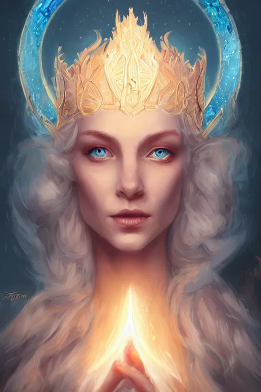 Image similar to stygian strange detailed portrait of a blue eyed, blonde haired crowned queen of summer with light elvish overtones and an arcane halo by kirsi Salonen, asya yoranova and peter mohrbacher trending on artstation