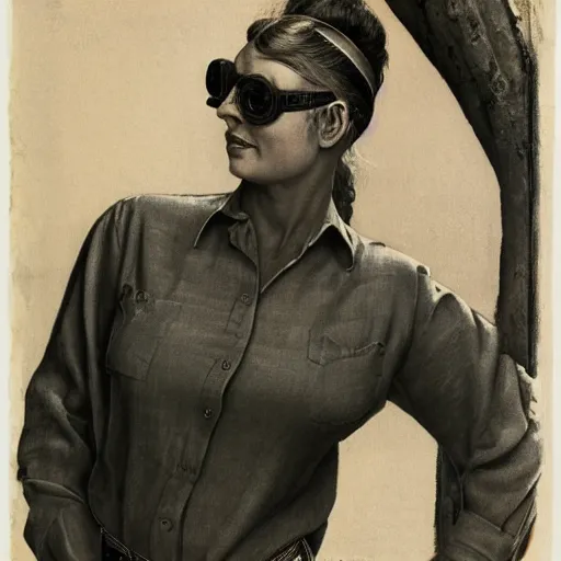 Prompt: frontal portrait of a muscular woman in a long - sleeved linen shirt, wearing vintage engineer goggles, by norman rockwell