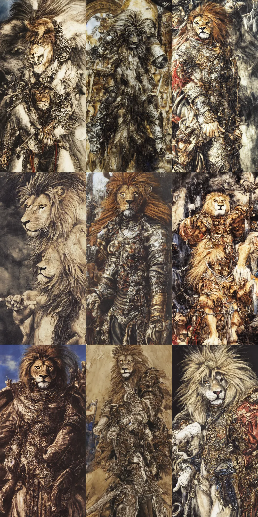 Image similar to 8 k yoshitaka amano painting of upper body of a young cool looking lion beastman with white mane at a medieval market at windy day. depth of field. he is wearing complex fantasy clothing. he has huge paws. renaissance style lighting.