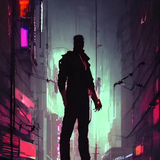 Image similar to a tall, broad-shouldered man standing in a neon lit alleyway, cyberpunk art, dramatic lighting, illustration by Greg rutkowski, yoji shinkawa, 4k, digital art, concept art, trending on artstation