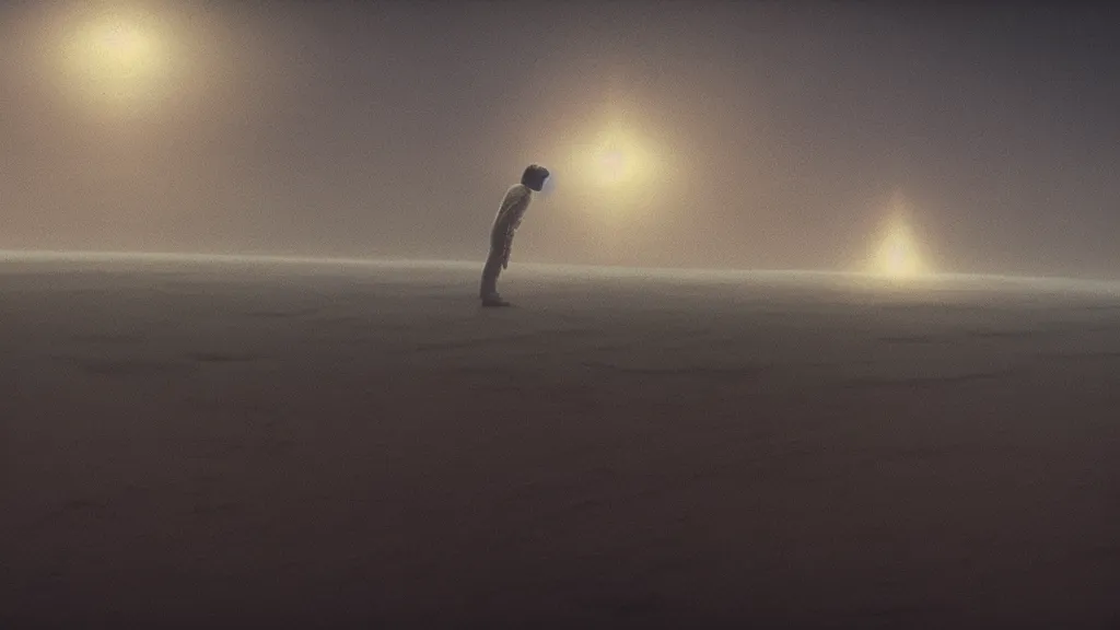 Image similar to a man exploring space, film still from the movie directed by denis villeneuve with art direction by zdzisław beksinski, wide lens