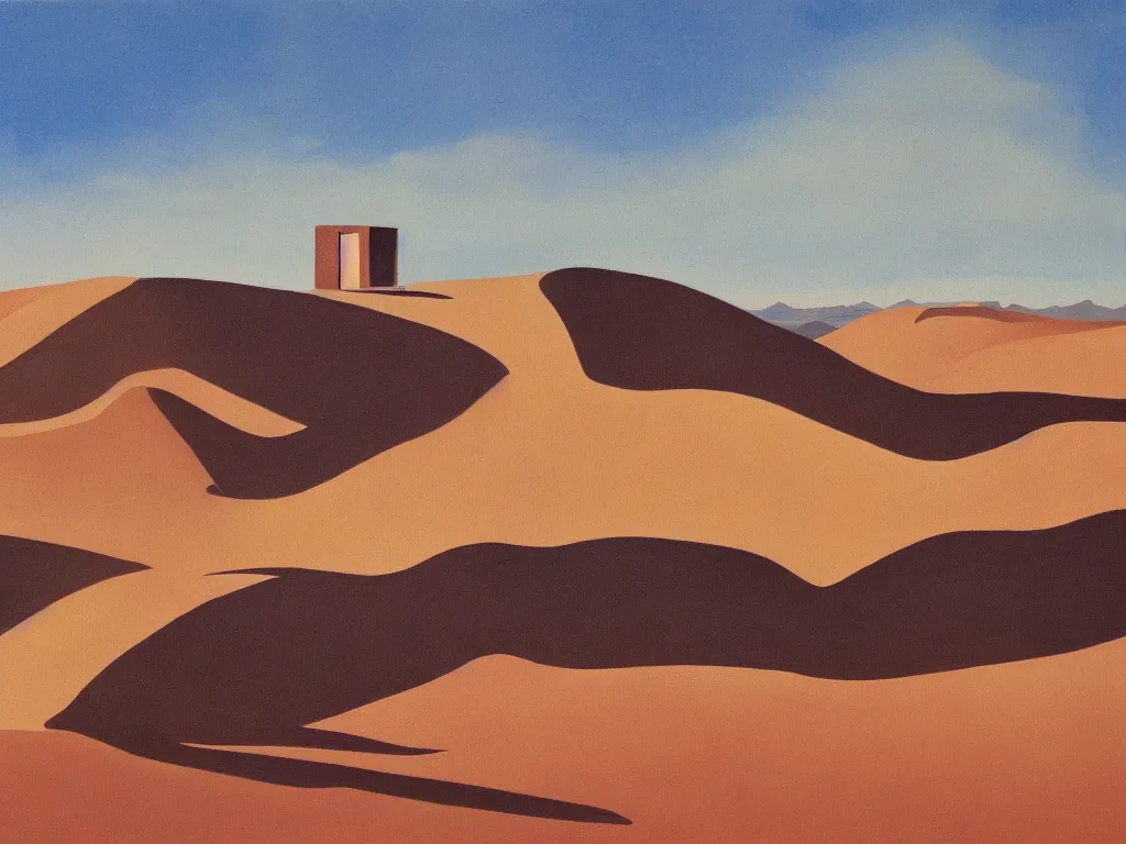 Image similar to painting of a house in the desert designed by alvar aalto, with hills at the background, altiplanic plain, amazing lighting, oil painting, highly detailed