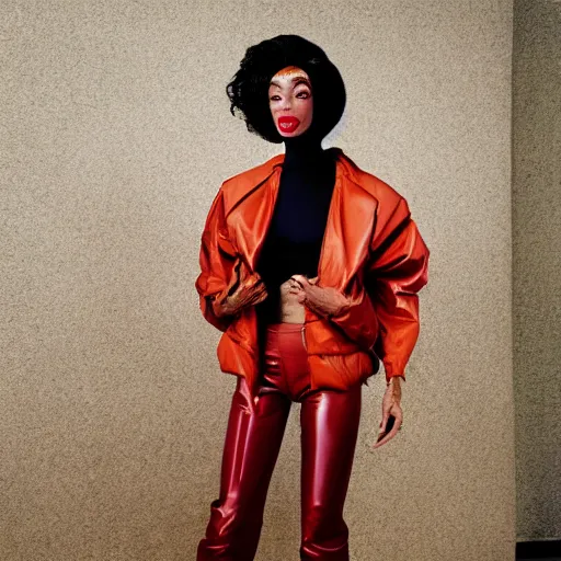 Prompt: realistic photoshooting for a new balenciaga lookbook, vhs colour photography, portrait of model Winnie Harlow woman, in style of Tyler Mitchell, 35mm,