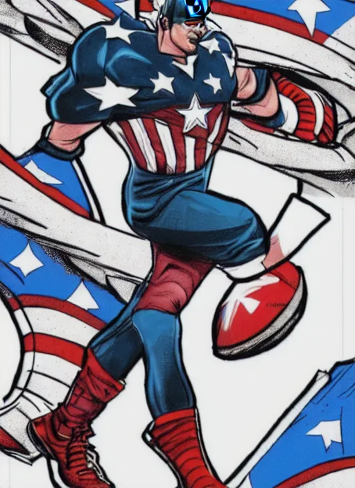 Image similar to basketball sneaker of Captain America, view from the side, comics book cover style