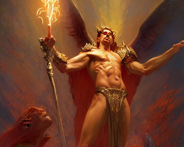 Image similar to attractive male deity, casting demonic magic, summoning handsome lucifer morning star. highly detailed painting by gaston bussiere, craig mullins, j. c. leyendecker 8 k