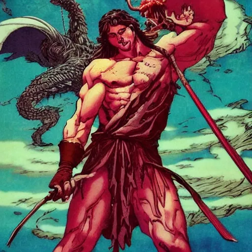 Image similar to eclectic, romantic by dave gibbons, by masaaki sasamoto. a art installation of hercules after he has completed one of his twelve labors, the killing of the hydra. he is standing over the dead hydra, covered in blood clutching a sword that slew the beast. his face is expressionless.