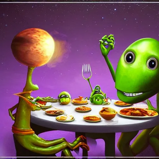 Prompt: martians eating dinner photorealistic