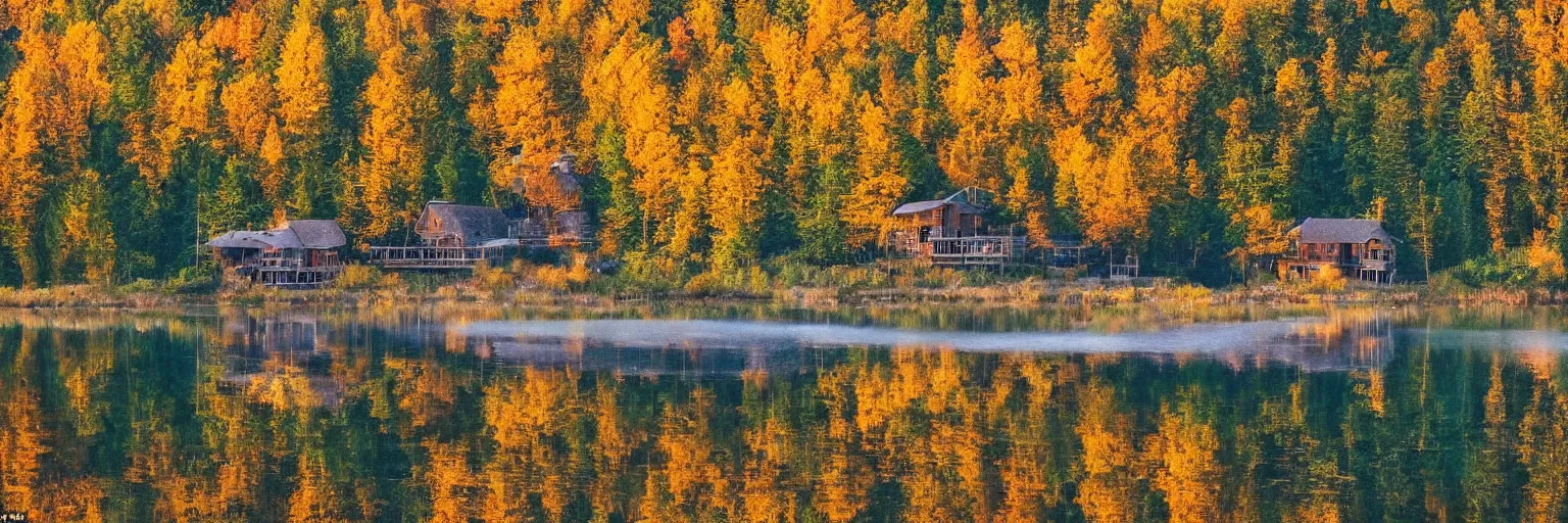 Image similar to a autumn forest, with a rustic house in front of a lake, at sunrise, with a pier from the house that leads to the lake