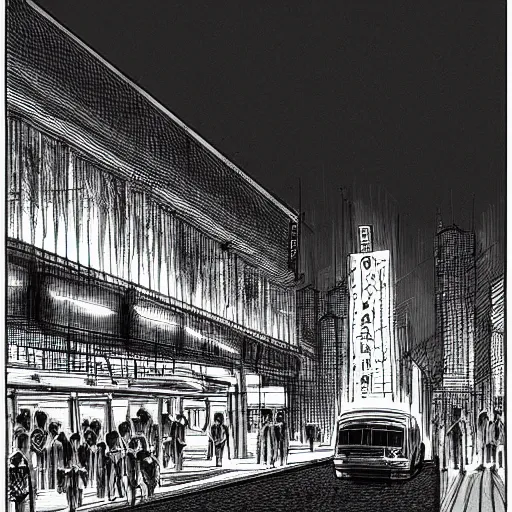 Image similar to dark city bus stop, by kentaro miura,black and white, very detailed, ArtStation