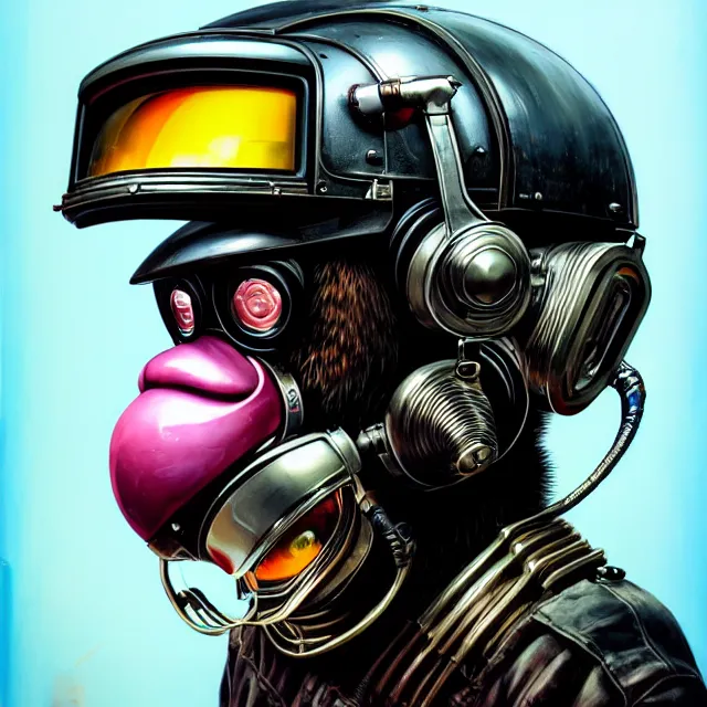 Prompt: a portrait of an anthropomorphic cyberpunk chimp in a motorcycle helmet by sandra chevrier, detailed render, tape deck, boombox, headphones, epic composition, cybernetics, 4 k realistic, cryengine, realistic shaded lighting, sharp focus, masterpiece, by matteo scalera, gary montalbano, peter elson in the style of the tokyo ghost comic