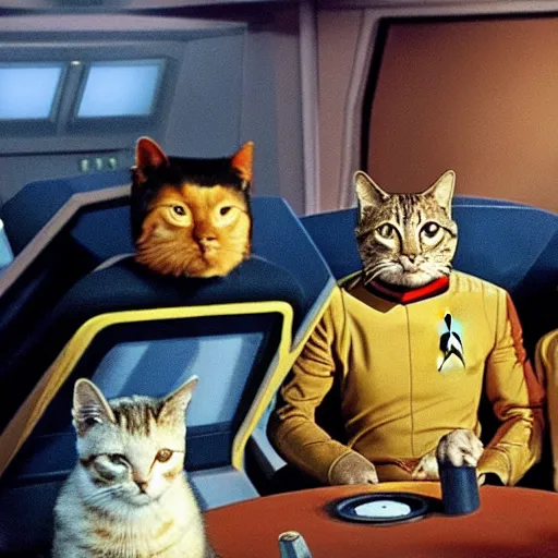 Image similar to a scene from star trek but the crew are cats