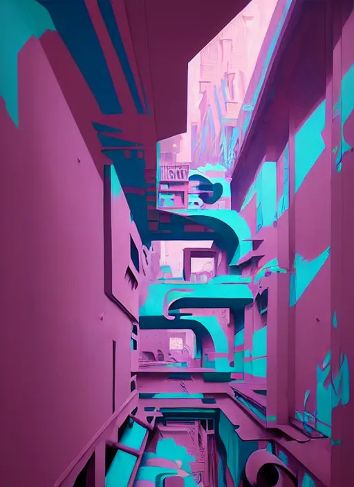 Image similar to matte painting extreme offset 3 d calligraphy graffiti mural dripping paint wall extreme maximalism by mc escher, by atey ghailan, by greg rutkowski, by greg tocchini, by james gilliard, by joe fenton, pink, brown, black and light blue color scheme, octane render