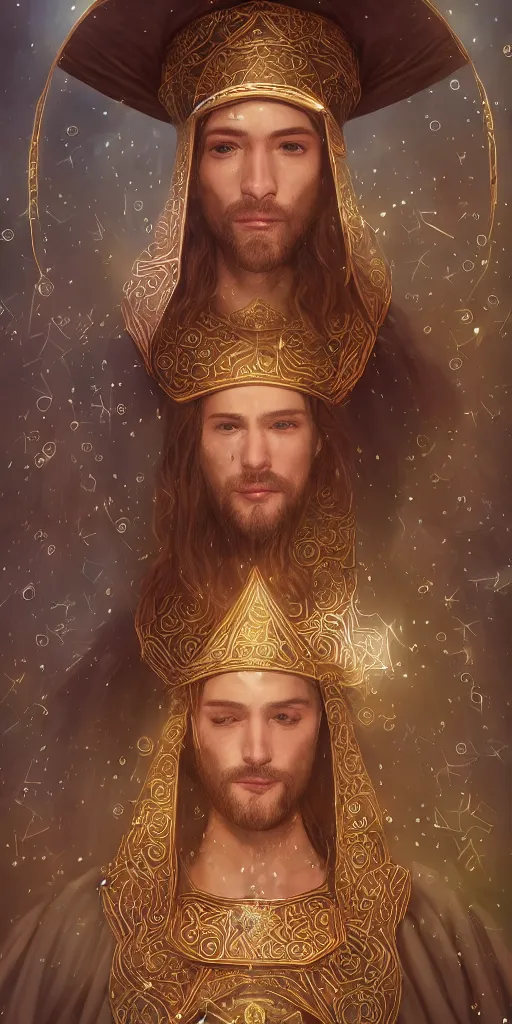 Image similar to adult wizard wearing a byzantine hat and a robe with star and moon pattern, handsome face, focus eyes, hyperrealistic, large star crystals, symmetry, ultra realistic soft painting, full body, fantasy, intricate, elegant, highly detailed, digital painting, artstation, concept art, matte, illustration, 8 k