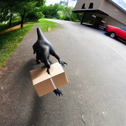 Image similar to fisheye view of dinosaur stealing packages, ring doorbell view