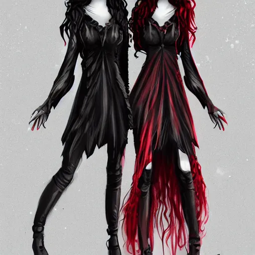 Image similar to twins wearing a gothic dress, full body shot, red hair, highly detailed, digital painting, artstation, concept art, smooth, sharp focus, illustration